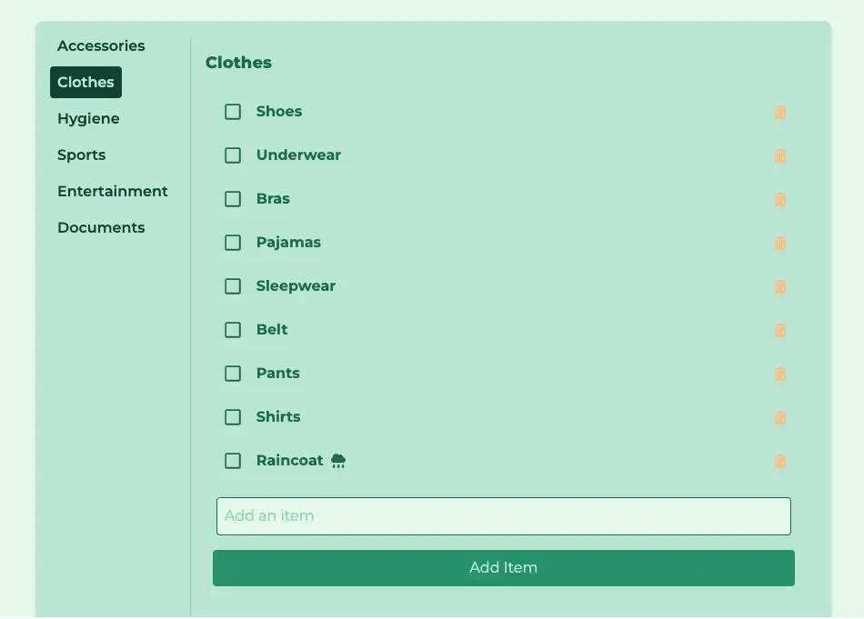 Custom Packing list show items to pack