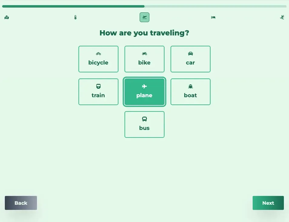 Generate Packing list select Travel method step